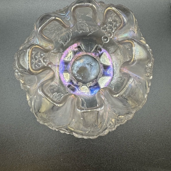 Vintage Dugan Clear Iridescent Carnival Glass Grape Delight Footed Rose Bowl - Picture 5 of 9